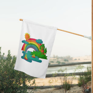 Boat travel landscape under sun clouds and rainbow house flag