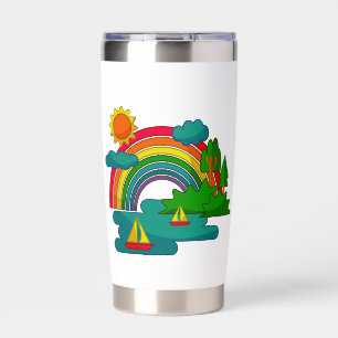 Boat travel landscape under sun clouds and rainbow insulated tumbler