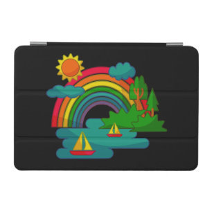 Boat travel landscape under sun clouds and rainbow iPad mini cover