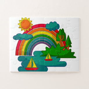 Boat travel landscape under sun clouds and rainbow jigsaw puzzle