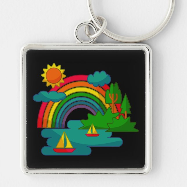 Boat travel landscape under sun clouds and rainbow keychain (Front)