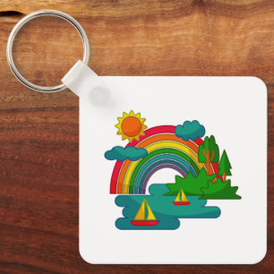 Boat travel landscape under sun clouds and rainbow keychain