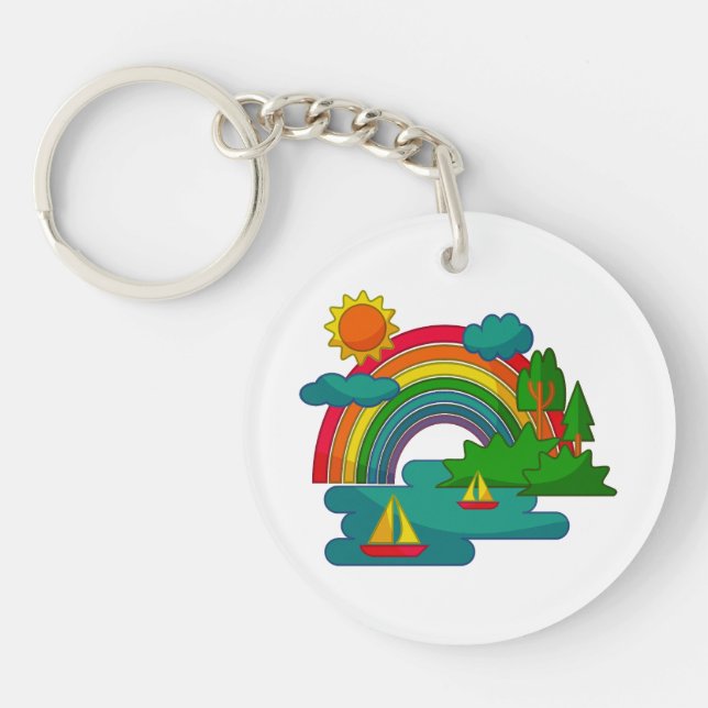 Boat travel landscape under sun clouds and rainbow keychain (Front)