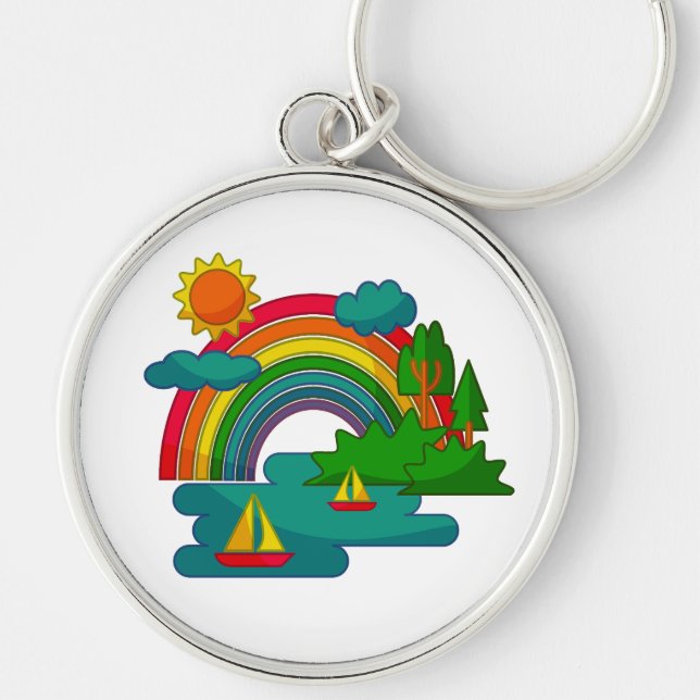 Boat travel landscape under sun clouds and rainbow keychain (Front)