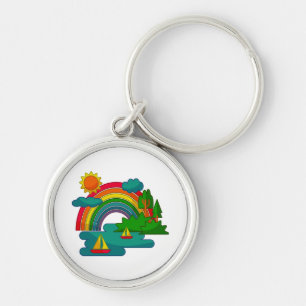 Boat travel landscape under sun clouds and rainbow keychain