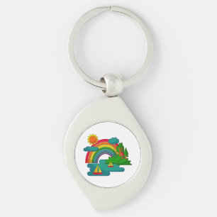 Boat travel landscape under sun clouds and rainbow keychain