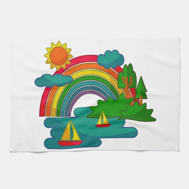 Boat travel landscape under sun clouds and rainbow kitchen towel (Horizontal)