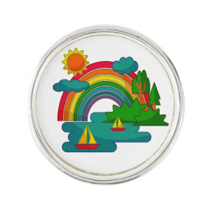 Boat travel landscape under sun clouds and rainbow lapel pin