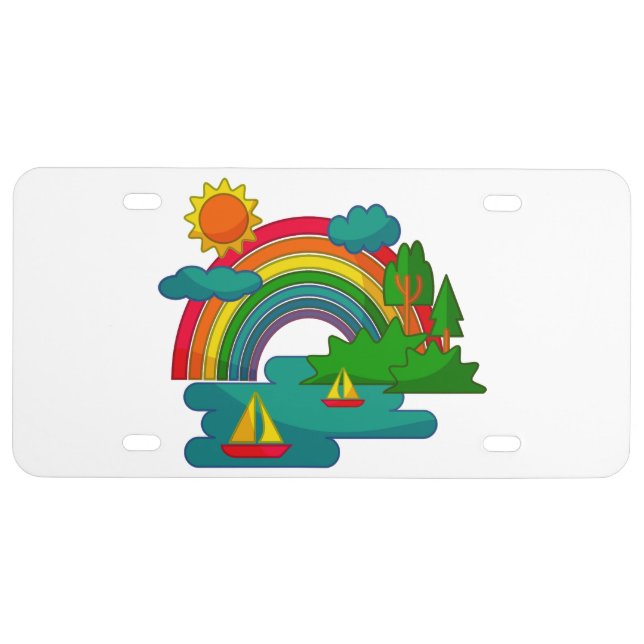 Boat travel landscape under sun clouds and rainbow license plate (Front)