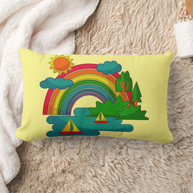 Boat travel landscape under sun clouds and rainbow lumbar pillow (Blanket)
