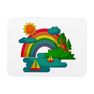 Boat travel landscape under sun clouds and rainbow magnet