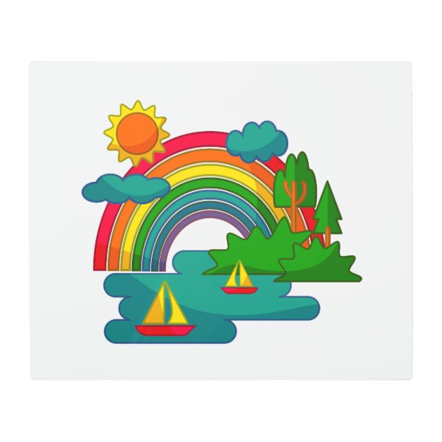 Boat travel landscape under sun clouds and rainbow metal print (Front)