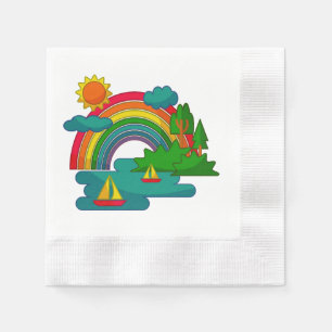 Boat travel landscape under sun clouds and rainbow napkins