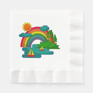 Boat travel landscape under sun clouds and rainbow napkins