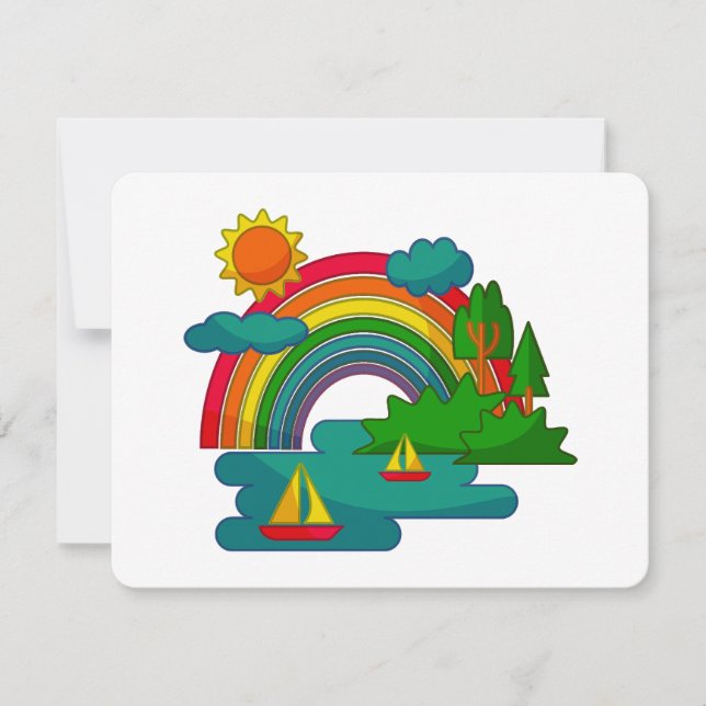Boat travel landscape under sun clouds and rainbow note card (Front)