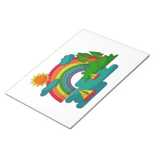 Boat travel landscape under sun clouds and rainbow notepad