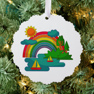Boat travel landscape under sun clouds and rainbow ornament card