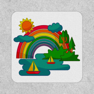 Boat travel landscape under sun clouds and rainbow patch