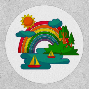 Boat travel landscape under sun clouds and rainbow patch