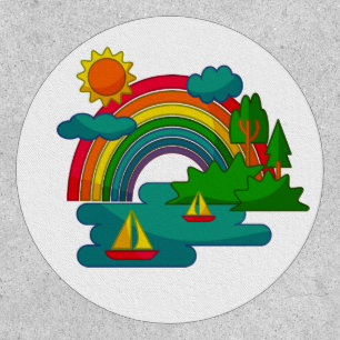 Boat travel landscape under sun clouds and rainbow patch