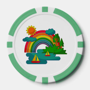 Boat travel landscape under sun clouds and rainbow poker chips