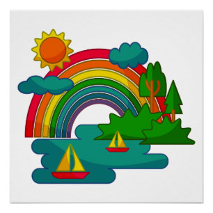 Boat travel landscape under sun clouds and rainbow poster