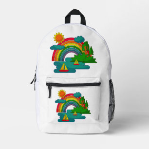 Boat travel landscape under sun clouds and rainbow printed backpack