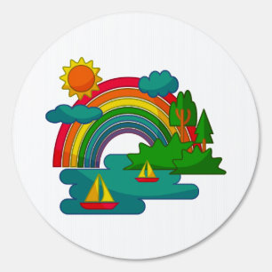 Boat travel landscape under sun clouds and rainbow sign
