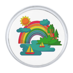 Boat travel landscape under sun clouds and rainbow silver finish lapel pin