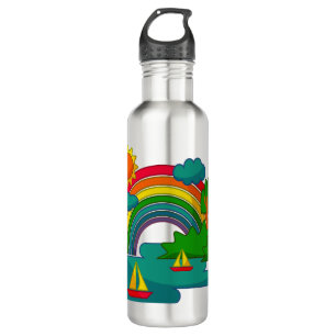Boat travel landscape under sun clouds and rainbow stainless steel water bottle