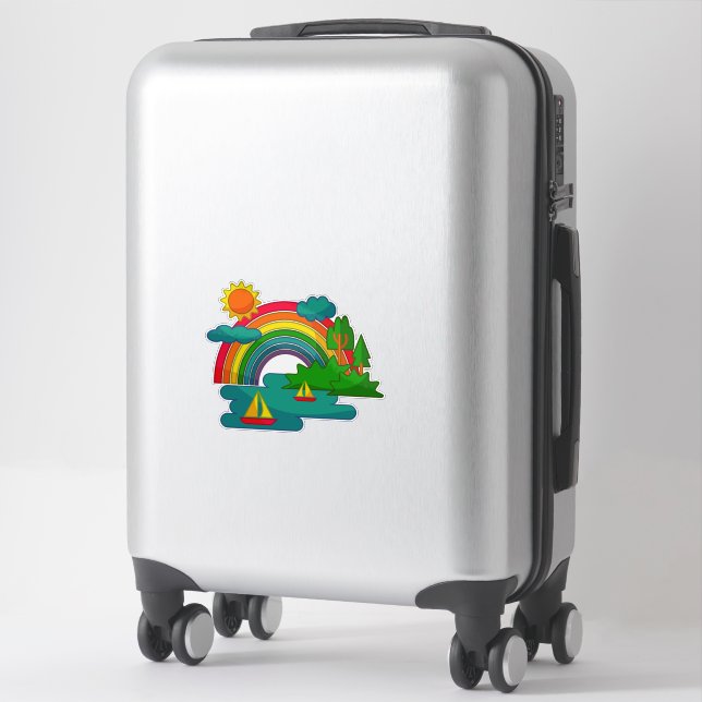 Boat travel landscape under sun clouds and rainbow sticker (Suitcase)