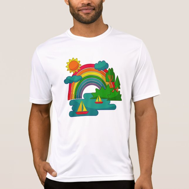 Boat travel landscape under sun clouds and rainbow T-Shirt (Front)