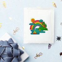 Boat travel landscape under sun clouds and rainbow