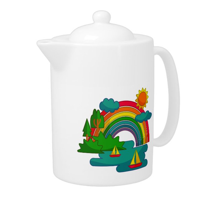 Boat travel landscape under sun clouds and rainbow teapot (Right)