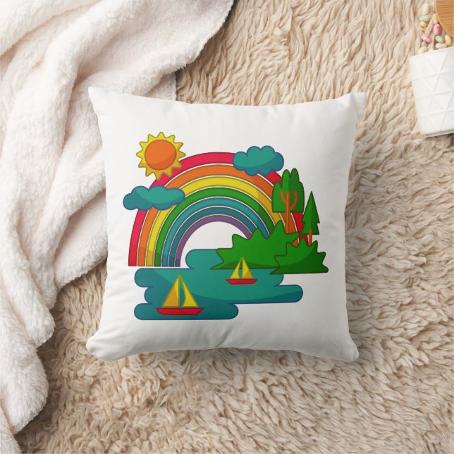 Boat travel landscape under sun clouds and rainbow throw pillow (Blanket)