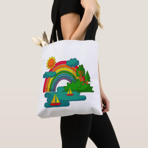 Boat travel landscape under sun clouds and rainbow tote bag