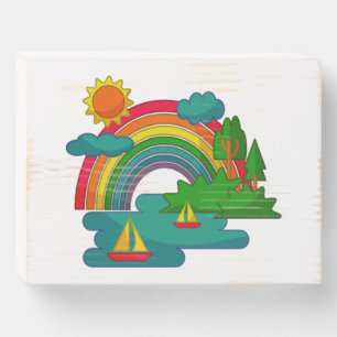 Boat travel landscape under sun clouds and rainbow wooden box sign