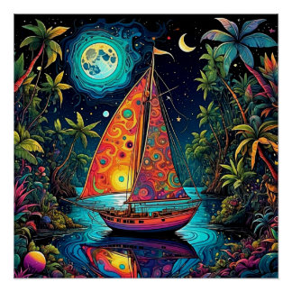 Boat under Moonlit sky 3 Poster