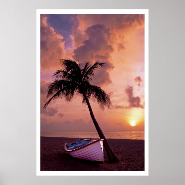 Boat under Palm on Beach at Sunset Poster (Front)