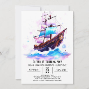 Boat Watercolor Fun Pirate Birthday Invitation