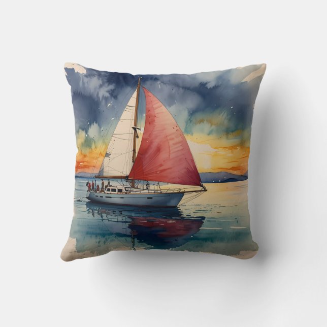 Boat watercolour on sea paint dripping throw pillow (Back)
