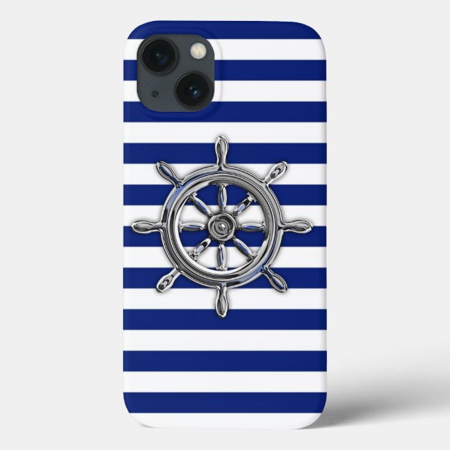 Boat Wheel on Nautical Stripes Case-Mate iPhone Case (Back)