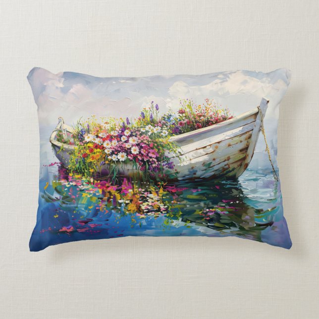 Boat with Colorful Wildflowers Accent Pillow (Front)
