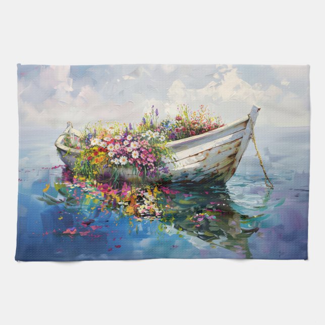 Boat with Colorful Wildflowers Kitchen Towel (Horizontal)
