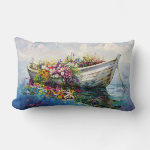 Boat with Colorful Wildflowers Lumbar Pillow