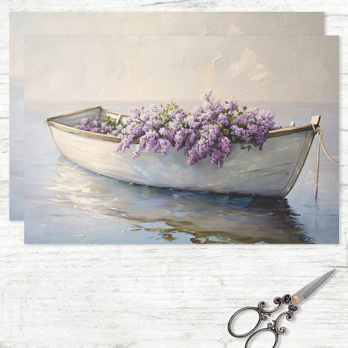 Boat with Purple Lilacs Painting Decoupage Tissue Paper