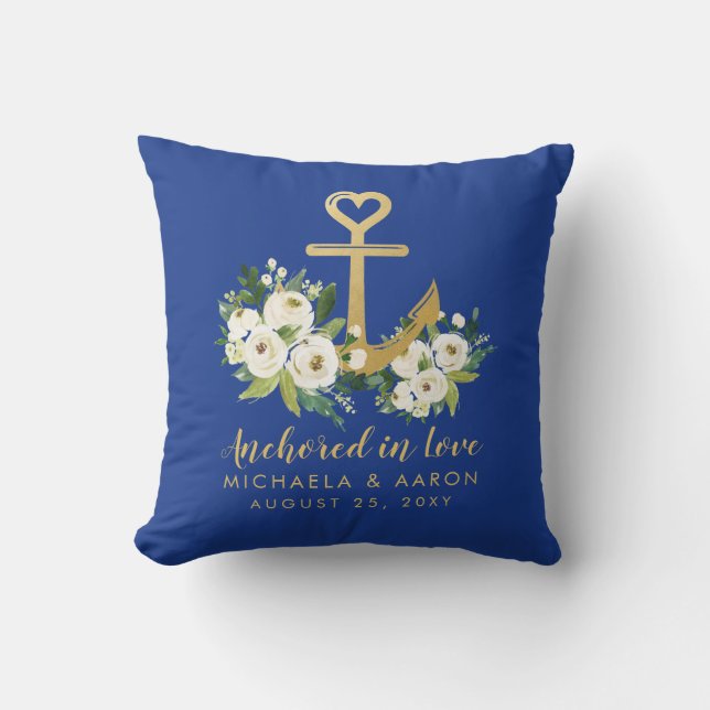 Boater Love Gold Floral Anchor Outdoor Pillow (Front)