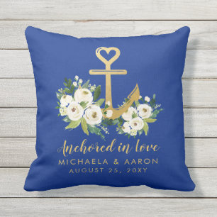 Boater Love Gold Floral Anchor Outdoor Pillow