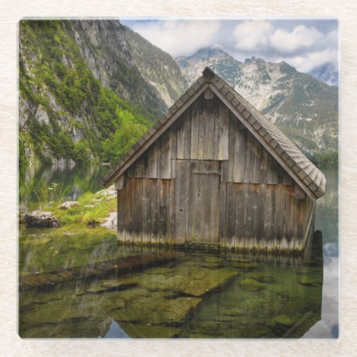Boathouse in Obersee lake in Alps in Germany Glass Coaster