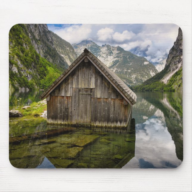 Boathouse in Obersee lake in Alps in Germany Mouse Pad (Front)